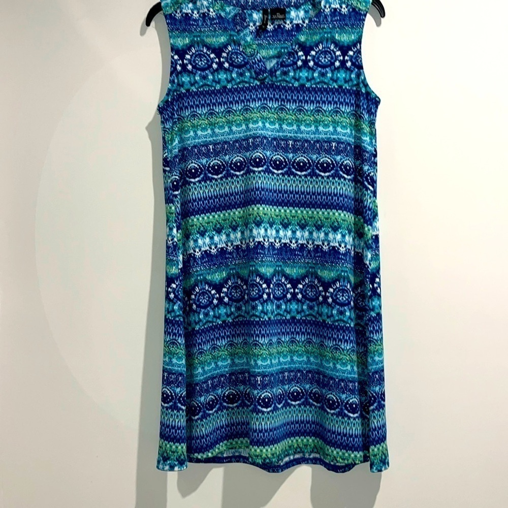 New Directions blue green white dress. Size small petite.